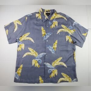Luau Shirt Mens Size 2XL XXL Hawaiian Blue Gray Yellow Leaves Silk Blend Button